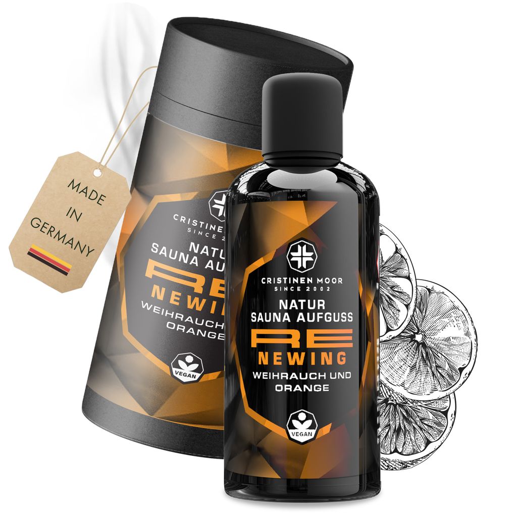 Cristinen Moor Natur Saunaaufguss Weihrauch & Orange - RE NEWING | 100ml | vegan | Germany, Saunaöl, Saunaduft, Sauna Aufgusskonzentrat