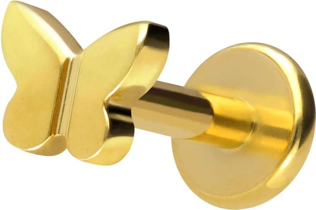 Ohrpiercing, Nasenpiercing Titan Labret mit Innengewinde SCHMETTERLING Gold Stablänge: 8mm | Stabstärke: 1,2mm