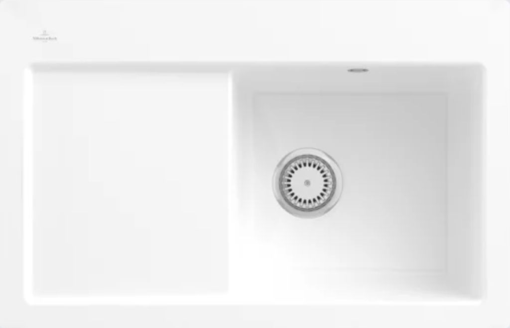 Villeroy & Boch flächenbündige Keramikspüle, inklusive Ablaufgarnitur mit Handbetätigung, Subway 45 flat Weiß Alpin 745x475mm