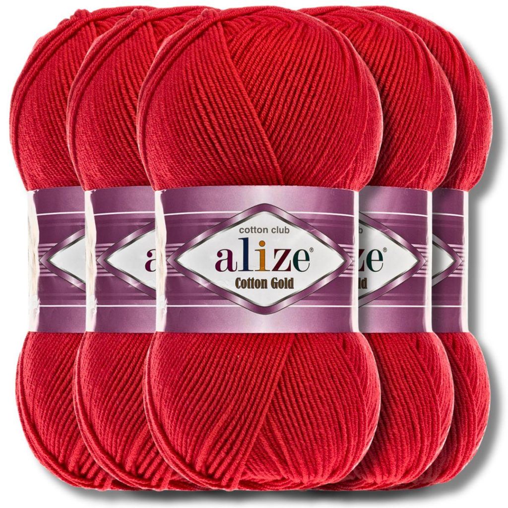 Alize 5x 100g Baumwolle Gold Wolle, Uni, Häkeln, Stricken (Red | 56)