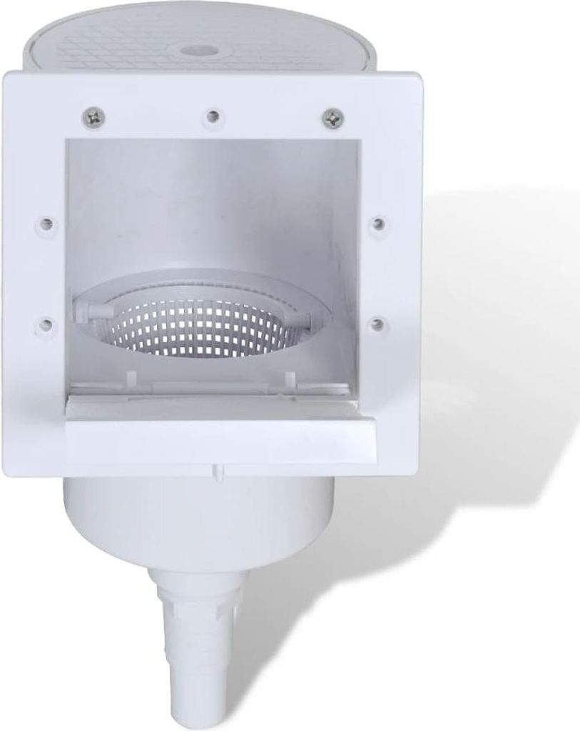 A white pool skimmer with a basket and outlet pipe.