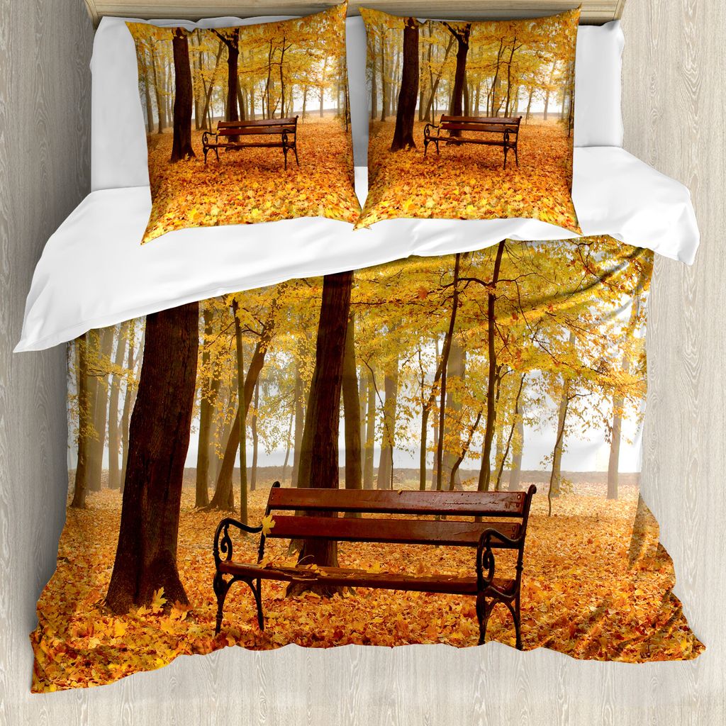 ABAKUHAUS Rustikal Bettbezug, Misty Autumn Park Rustic, Milbensicher Allergiker geeignet mit Kissenbezügen, 200 cm x 200 cm - 80 x 80 cm, Orange B...