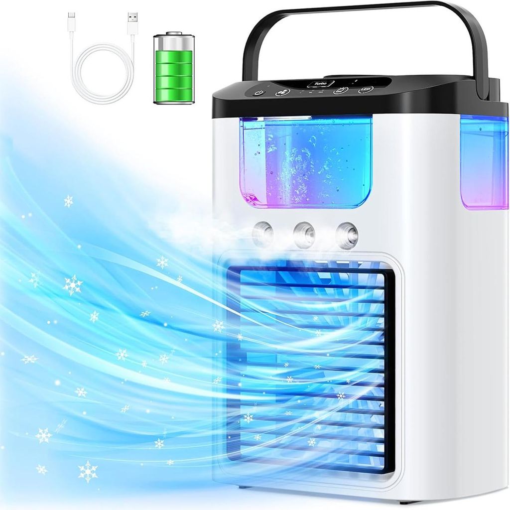 Tragbare Klimaanlage mit Sprühnebel,Mini Luftkühler mit 3 Windstufen, 1200 mAh, 600ml, für Auto, Küche, Schreibtisch, Schwarz mobiles Klimagerät
