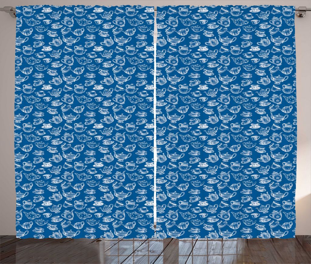 ABAKUHAUS Teekanne Rustikaler Vorhang, Gepunktete Töpfe Tee-Party-Skizze, Wohnzimmer Universalband Gardinen mit Schlaufen und Haken, 280 x 225 cm,...