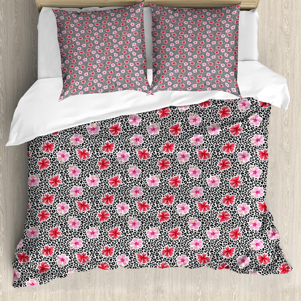 ABAKUHAUS Jaguar Bettbezug Set, Blühende Hawaii-Blumen auf Tierhaut Muster exotische Flora und Fauna Entwurf, 200 x 200 cm + 80 x 80 cm, Mehrfarbig