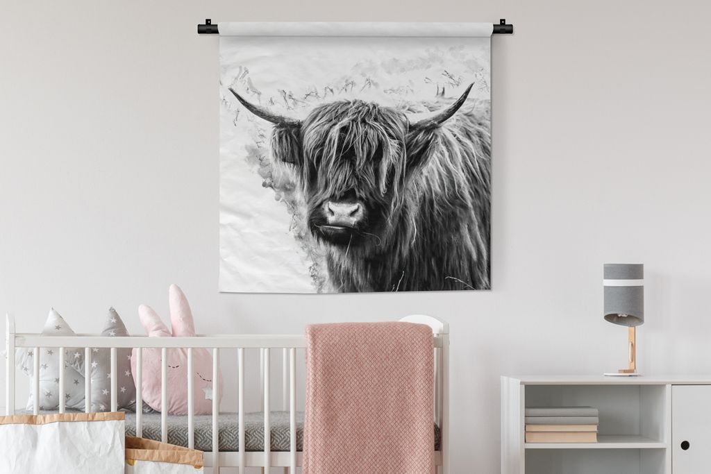 MuchoWow Wandteppich Wandbehang Schottisches Hochlandrind - Kuh - Weiß 90x90 cm Tapisserie Dekoration Wandtuch - Wandaufhänger