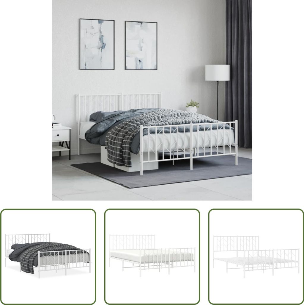 The Living Store Bettgestell mit Kopf- und Fußteil Metall Weiß 140x190 cm