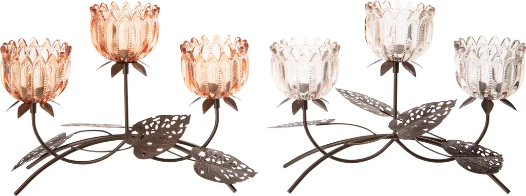 Photophore Décoratif Fleur J-Line pour Ambiance Zen Rose et Orange Fer