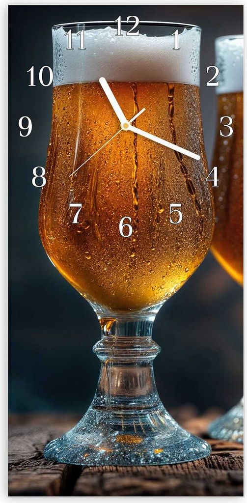 Wanduhr aus Glas mit Motiv Zwei Biergläser Holz- 30 x 60 cm - inkl. Aufhängesystem