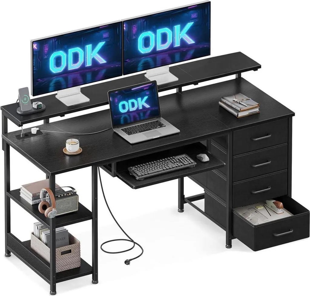 Bureau 4 tiroirs ODK 140cm noir avec station de charge USB intégrée