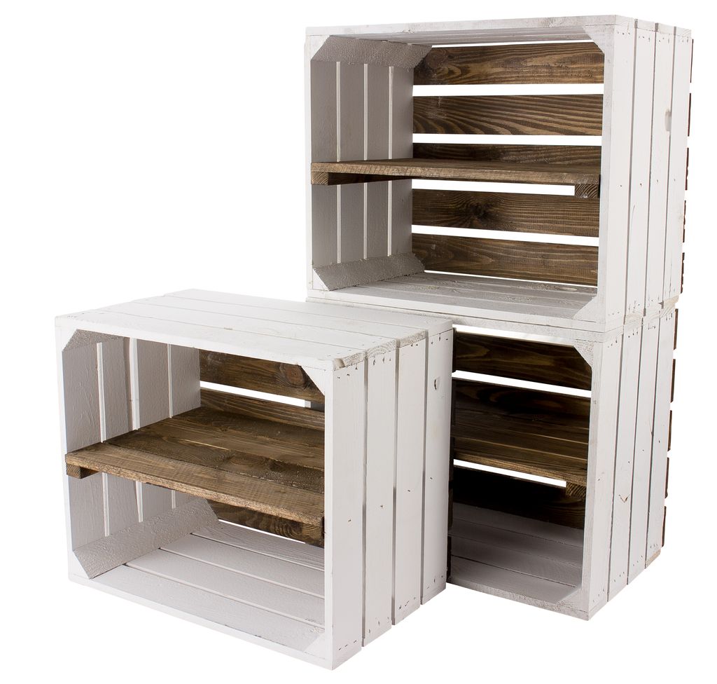 3er Set weißes Regal Apfelkiste Weißer Boden braunes Mittelbrett 50cm x 40cm x 30cm Standardgröße Bücherregalkiste Weinkiste Gartenmöbel Zwis...
