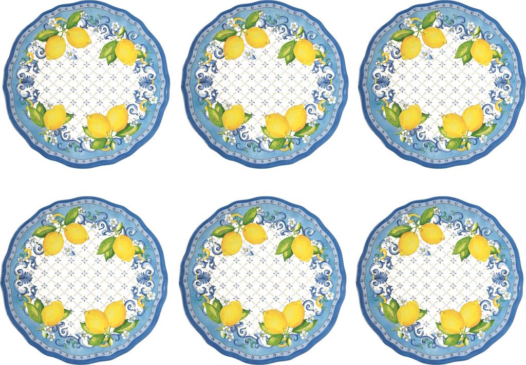 6er Set Speiseteller SORRENTO Zitronen D. 28cm weiß blau gelb Melamin Easy Life