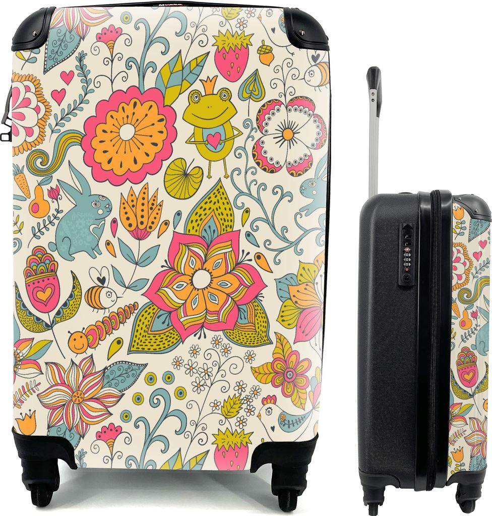 MuchoWow MuchoWow Koffer Handgepäck Trolley Rollkoffer Kleine Reisekoffer mit 4 Rollen - Mädchen - Kaninchen - Frosch - Muster - Mädchen - K...