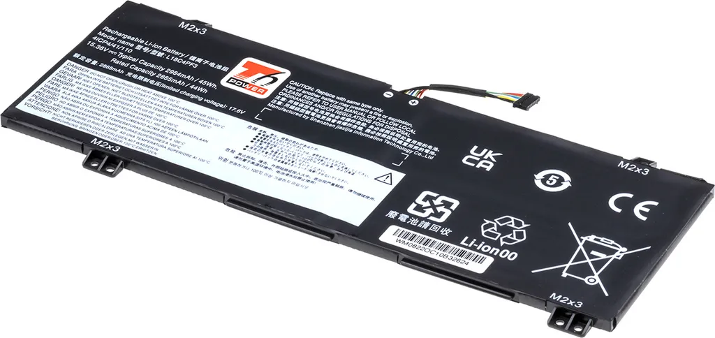 Batteria T6 Power per laptop Lenovo, numero di parte L18M4PF3, Li-Poly, 15,36 V, 2964 mAh (45 Wh), nero