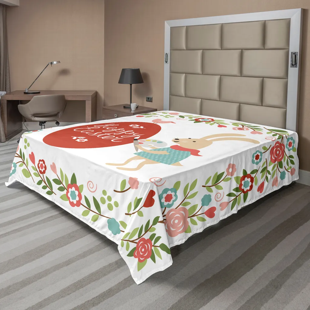 Drap plat pour décoration de lit de Pâques, 275x260 cm motif lapin rouge