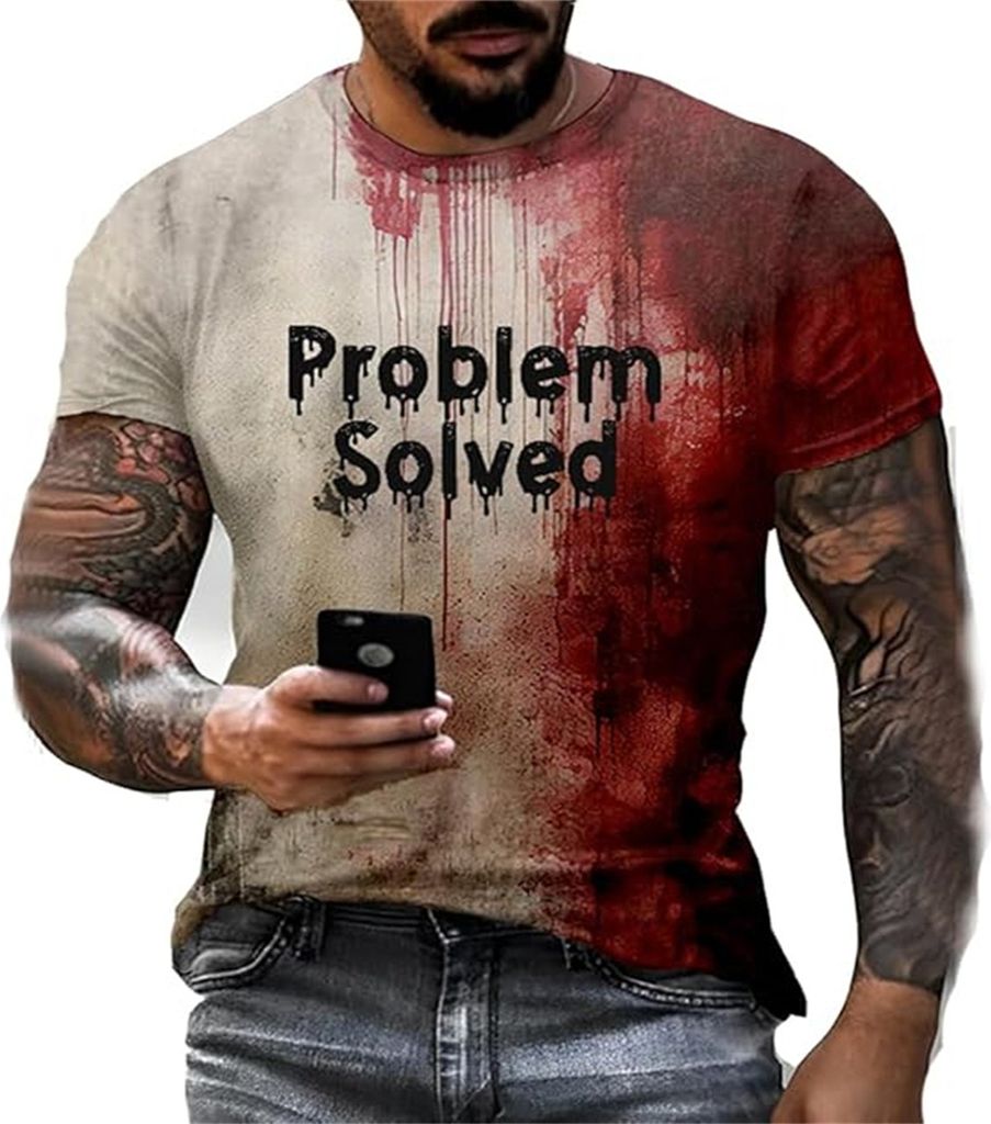 Halloween Blutflecken T-Shirt Kurzarm Rundhalsausschnitt Herren Casual Top Gruseliges Problem gelöst Mir geht es gut T-Shirt für Halloween-Party