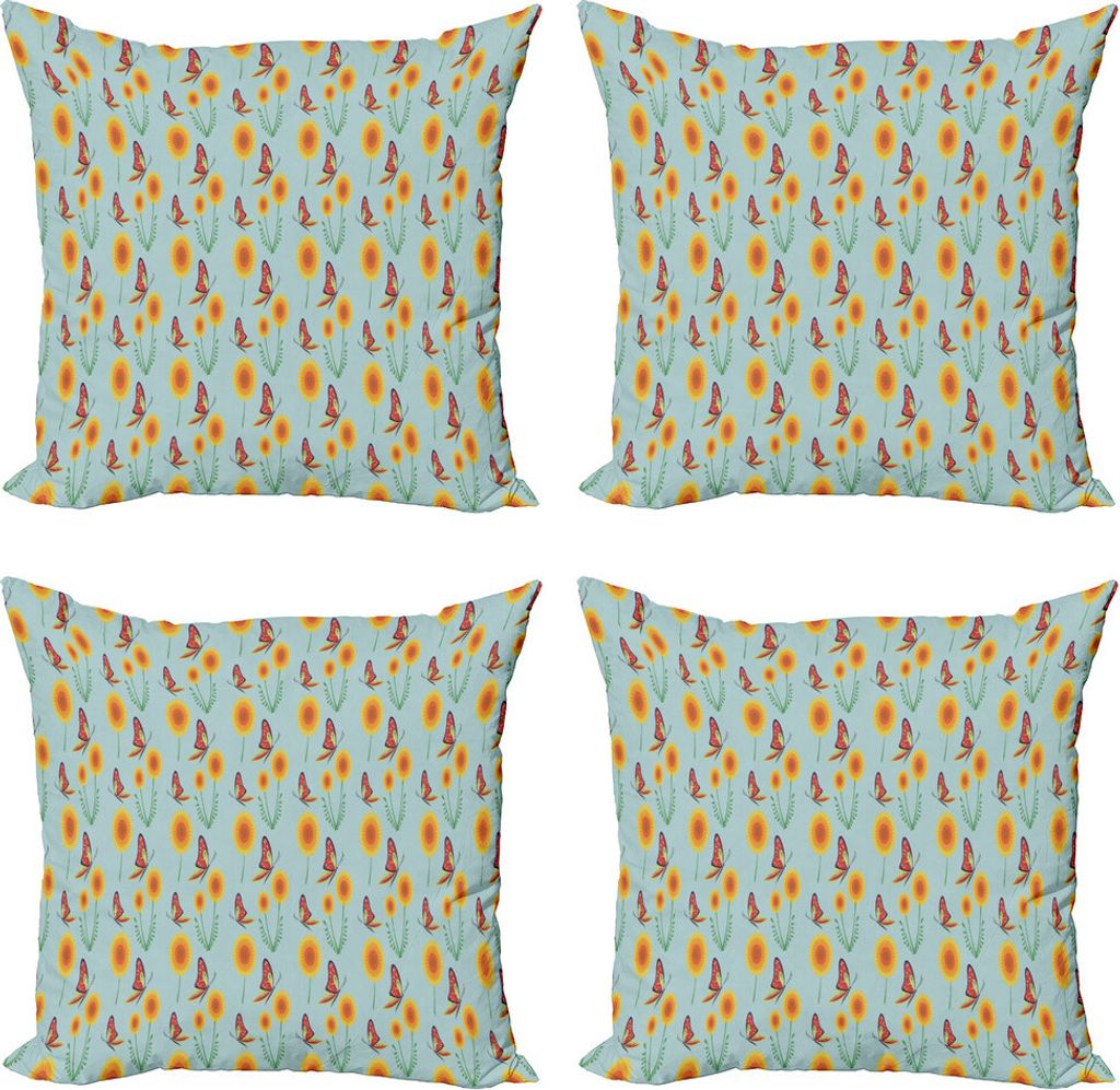 ABAKUHAUS Frühling Kissenbezug Set (4 Stück), Schmetterlinge fliegen Dandelion, Moderner Doppelseitiger Digitaldruck, 60 cm x 60 cm, Pale Blue Ma...