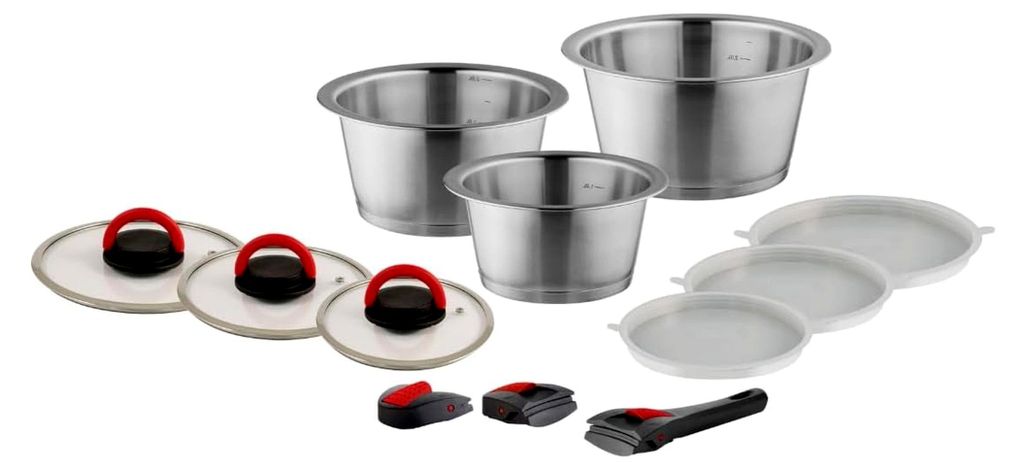 Edelstahl Kochtopf Set - 12-teilig - Abnehmbarer Griff, geeignet für Induktion, Gasherd, Elektroherd und Glaskeramikkochfeld