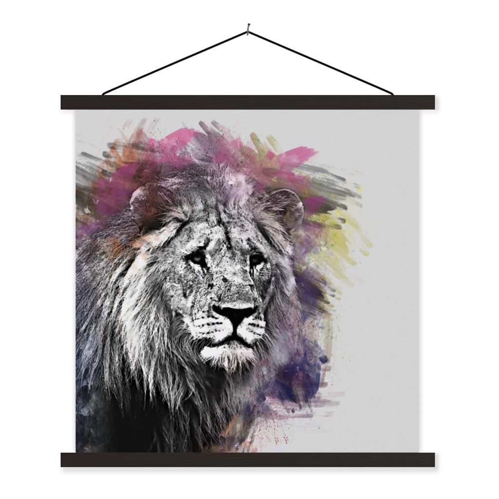 MuchoWow Textilposter Löwe - Farben - Schwarz - Weiß 120x120 cm mit schwarzem Rahmen - Aufhängungsset