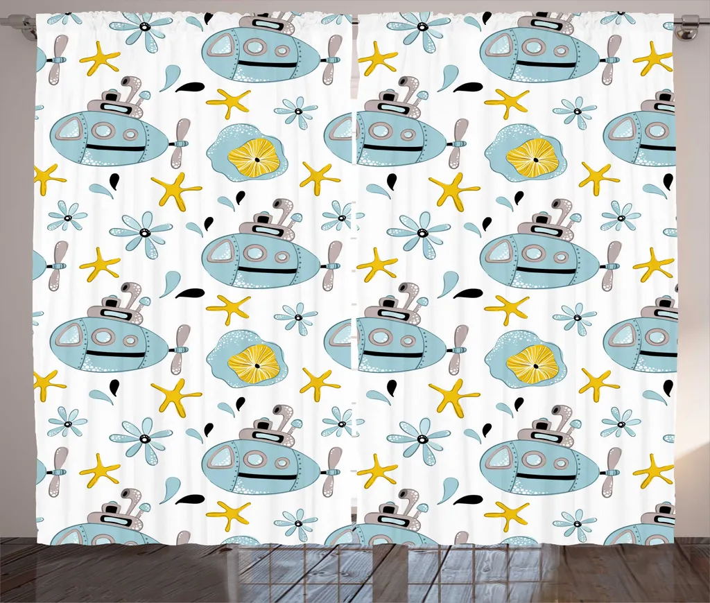Rideau Motif Sous-Marin Rustique avec Crochets, 280 cm de Large, Bleu