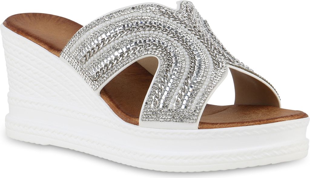 VAN HILL Damen Pantoletten Sandaletten Strass Ketten Plateau Vorne Schuhe 840997, Farbe: Weiß, Größe: 39