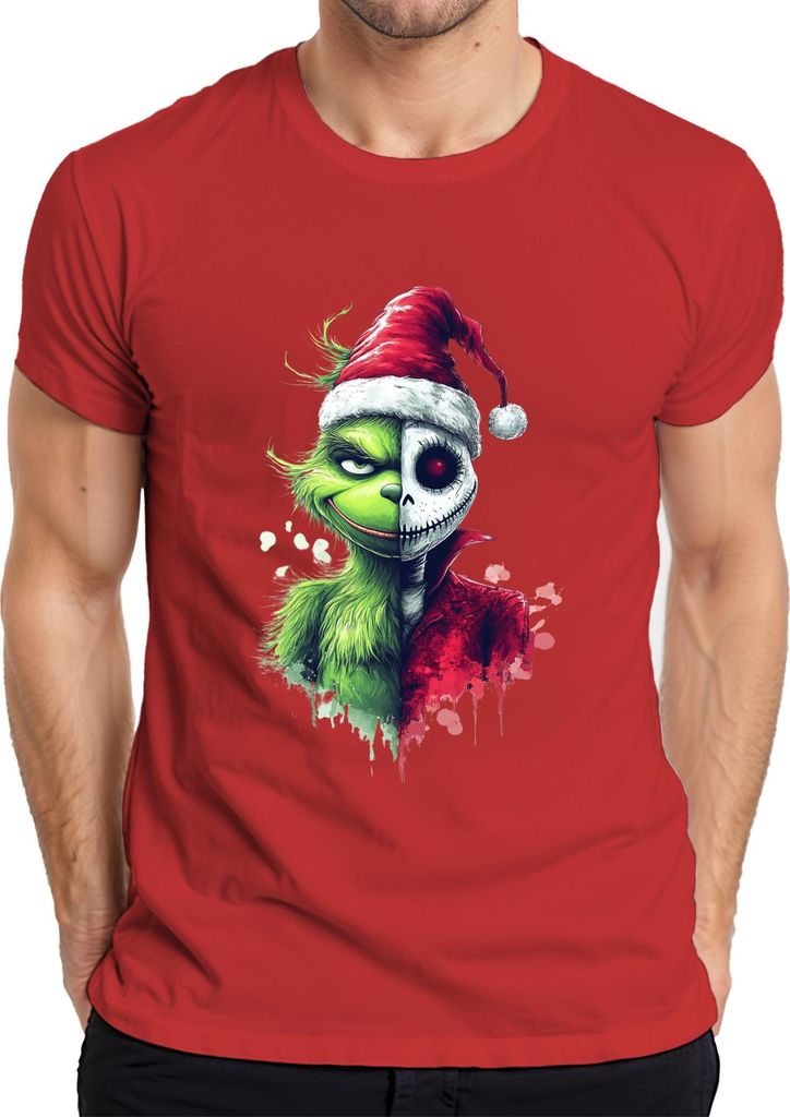Grinch Jack Skellington Halb Gesicht Weihnachten Horror Geschenk Herren T-Shirt, Rot, M