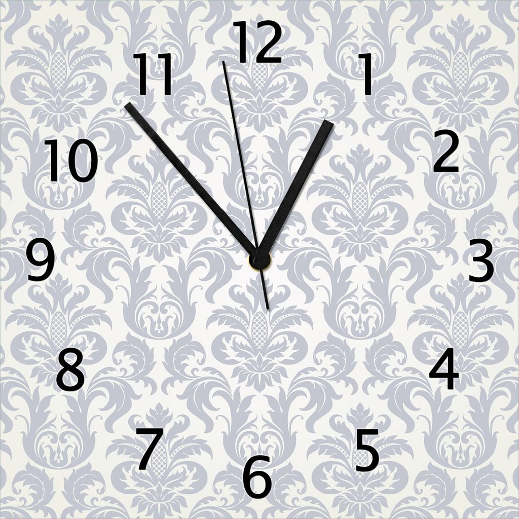 Wallario Design Wanduhr Königliche Schnörkelei in weiß und blaugrau aus Echtglas, Größe 30 x 30 cm