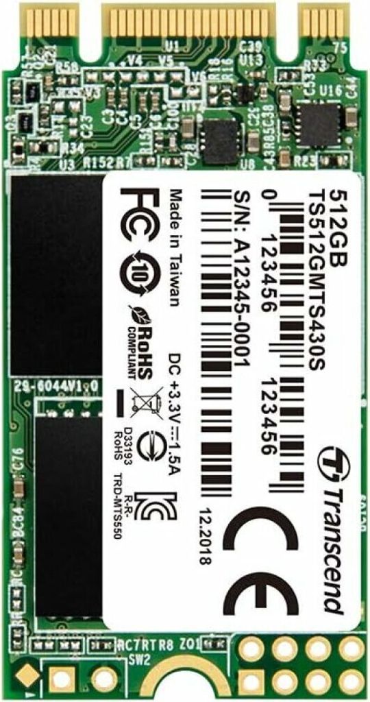 A close-up, top-down view of a Transcend 512GB M.2 2242 internal SSD.