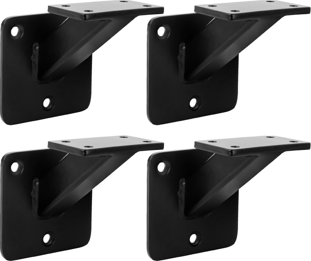 Four black metal handrail brackets are arranged in a two-by-two grid against a white background.