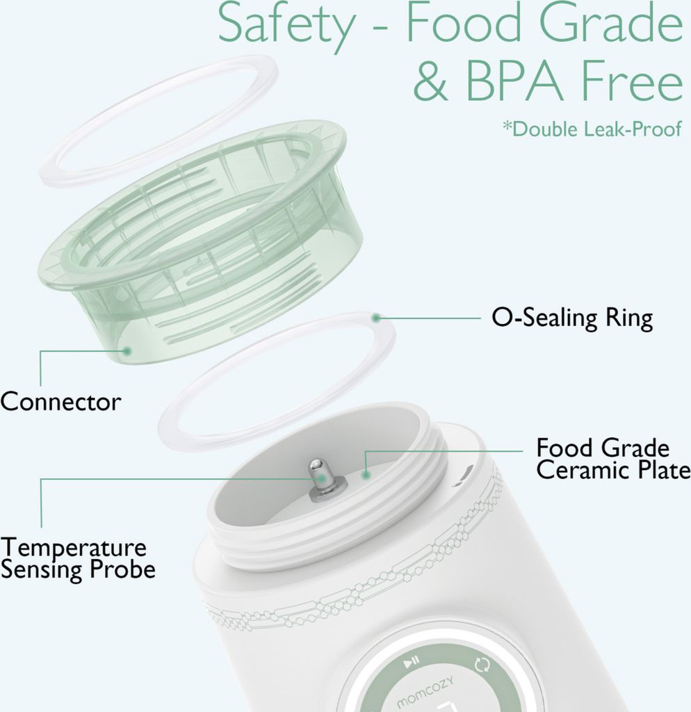 An exploded view diagram of a portable bottle warmer, highlighting its components and safety features.