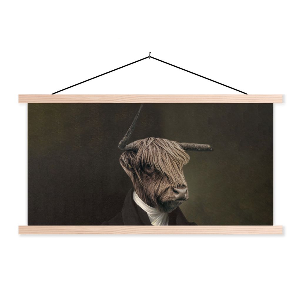 MuchoWow Textilposter Schottischer Highlander - Kunst - Tierkopf 120x60 cm mit holzfarbenen Rahmen - Klemmleiste