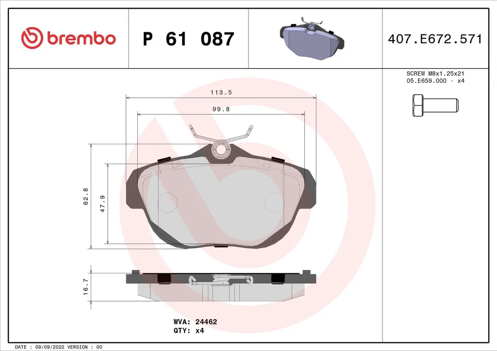 Brembo P 61 087 Plaquettes de Frein OE 1617277480 pour Citroën C6 TD