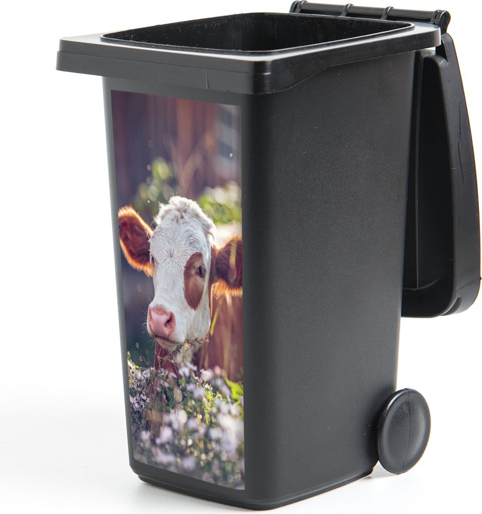 MuchoWow Mülltonnenaufkleber Kuh - Blumen - Licht 44x98 cm - Containeraufkleber - Aufkleber - Mülltonnen-Aufkleber