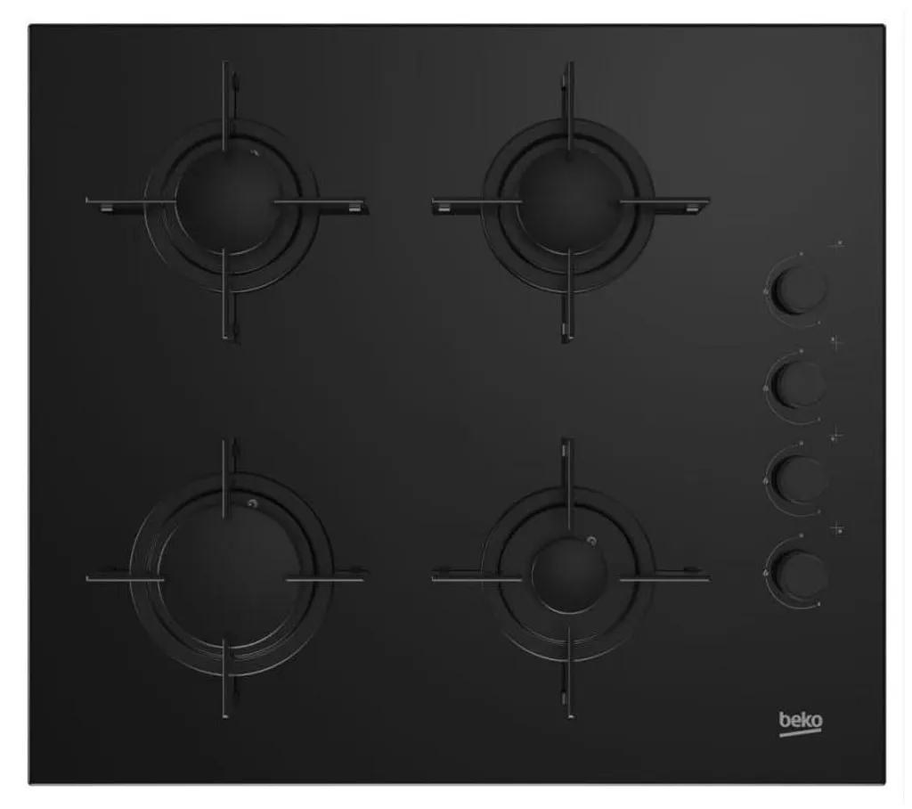 Table de cuisson gaz en verre noir Beko 4 feux avec sécurité intégrée