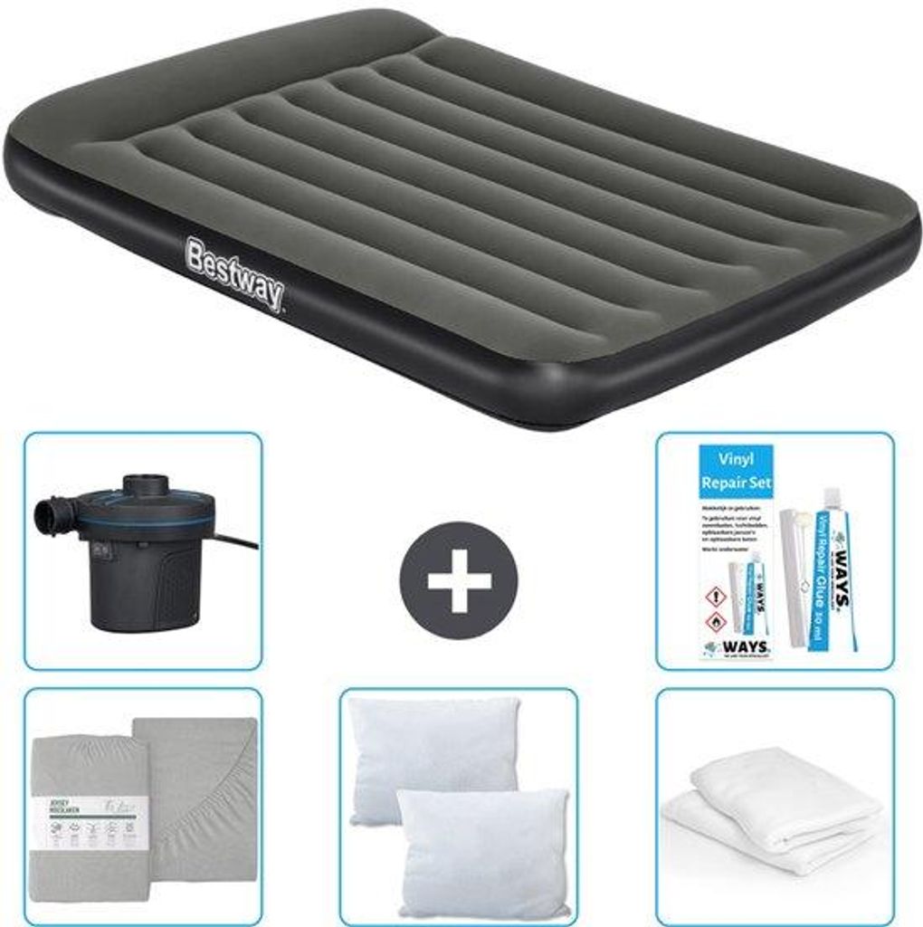 Luftmatratze - Zweifel - 137 x 191 x 30 cm - Grün - Mit Bezug - Kissen - Kissenbezug - Pumpe und Reparaturset