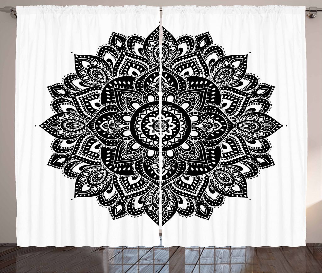 ABAKUHAUS Henna Rustikaler Vorhang, Vintage Flora Ornament, Wohnzimmer Universalband Gardinen mit Schlaufen und Haken, 280 x 175 cm, Weiß schwarz