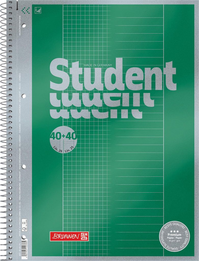BRUNNEN Kollegblock A4 Student Lin 25+26 kariert + liniert -Premium 90g Papier