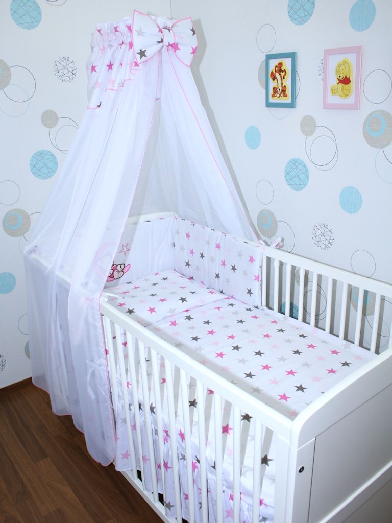 Primawela Baby Bettwäsche Set mit Applikation- 6 teiliges Set mit Chiffon Himmel Bettset Nestchen- 19.Bärchen Mond-Star Rosa