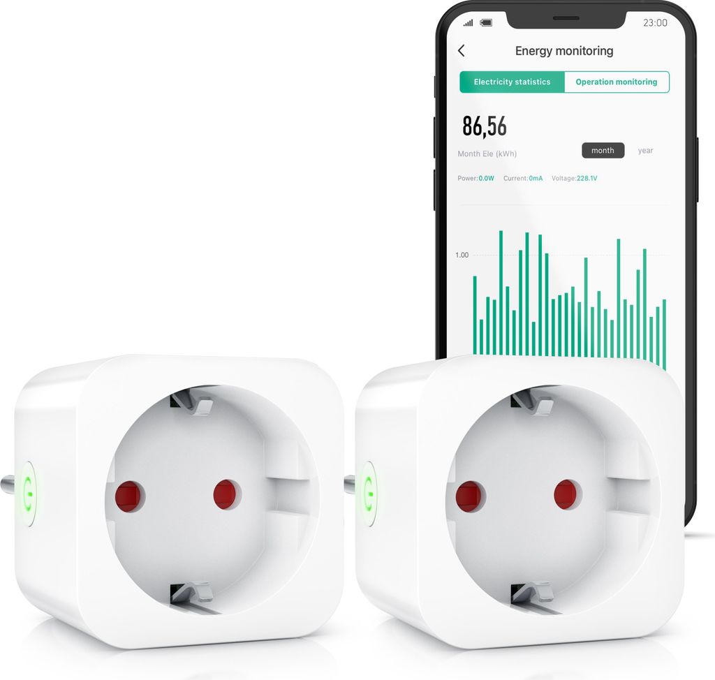 BEARWARE WLAN-Steckdose mit Strommessung, 2,4 Ghz WiFi Fernsteuerung per App, Sprachsteuerung, 2er Set, Zeitschaltuhr, Energiekostenmessgerät, Sma...