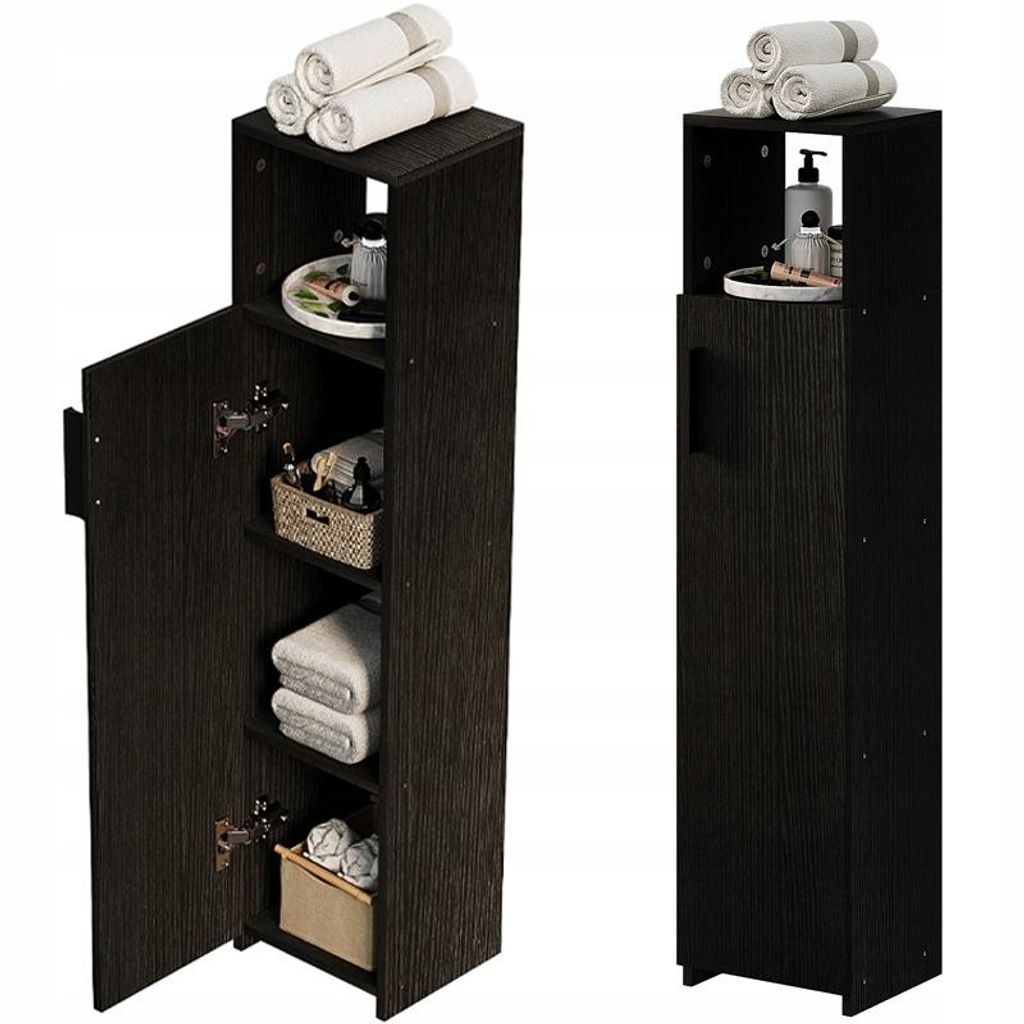 Badezimmerschrank, schmaler Pfosten, schwarze Tür, hohe Regale, modern, 101 cm