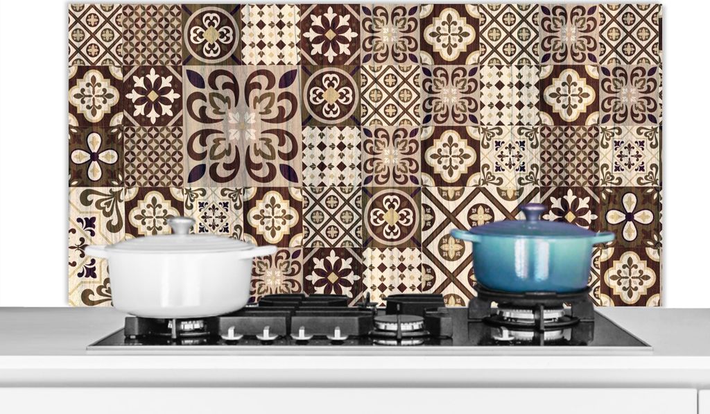 KitchenYeah Spritzschutz Küche - Küchenrückwand - Wandschutz für Herd und Spüle - Retro - Muster - Braun - Abstrakt 120x60 - Alu-Dibond (Al...