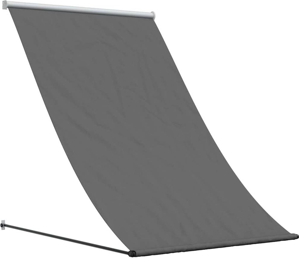 A gray retractable awning is shown against a white background.