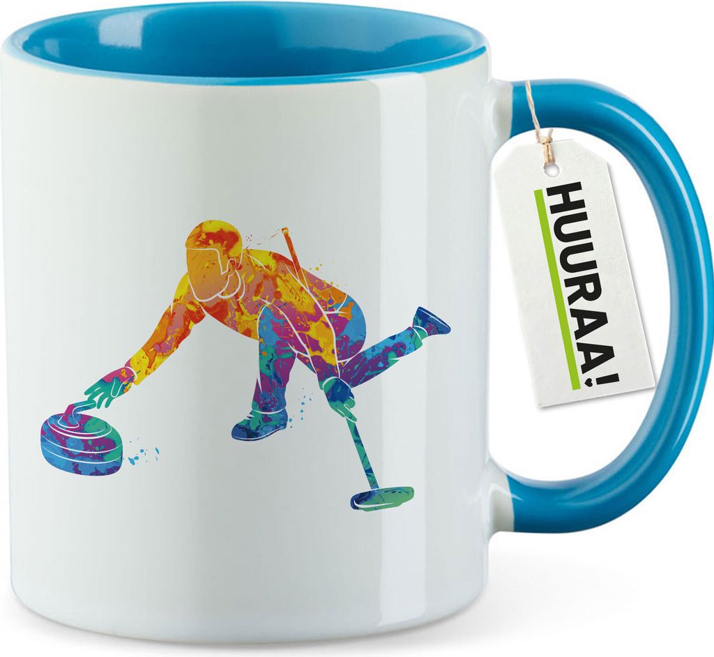Huuraa Kaffeetasse Curling bunte Silhouette 330ml Blau Keramik Kaffeebecher Geschenkidee