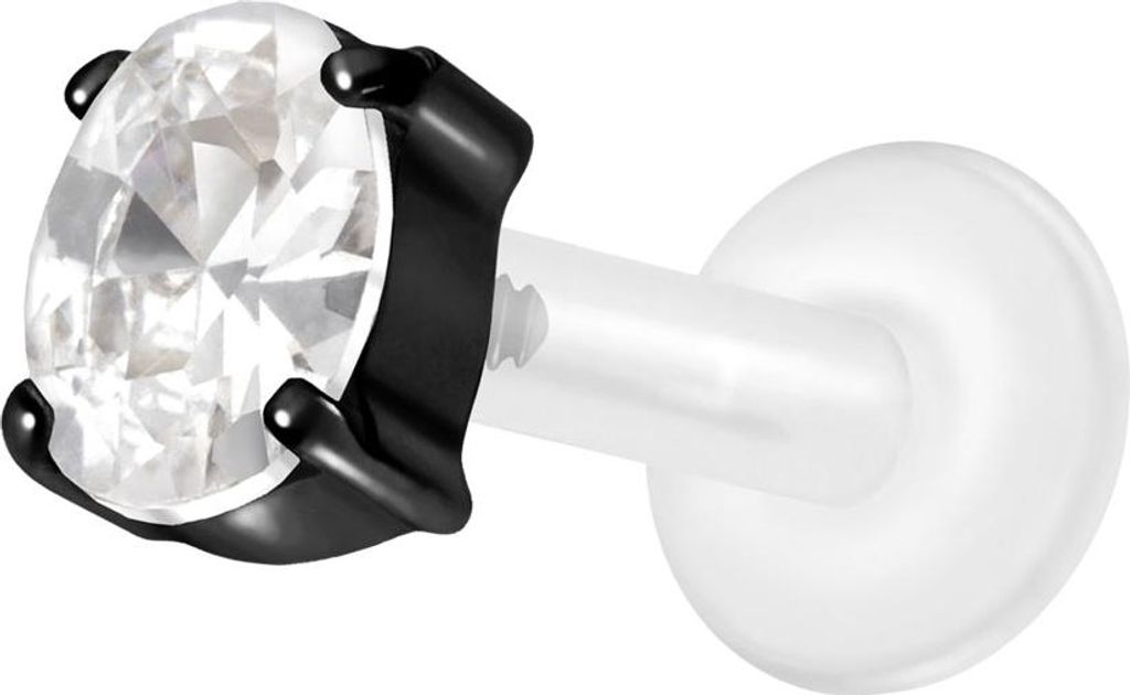 Ohrpiercing, Nasenpiercing PTFE Labret mit Innengewinde + Titan-Aufsatz EINGEFASSTES KRISTALLOVAL Schwarz Stablänge: 7mm | Stabstärke: 1,6mm