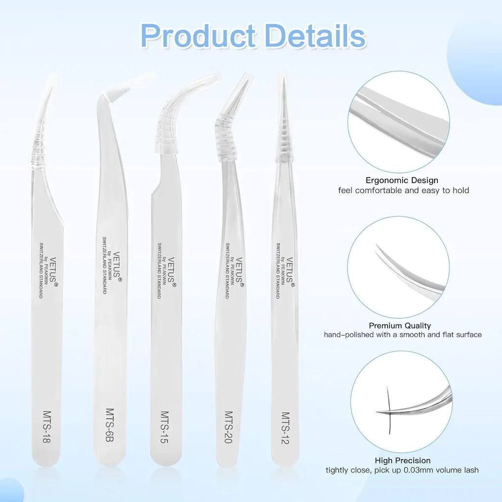 Set de 5 pinces pour extension de cils en inox argent pour pose de volume - 3