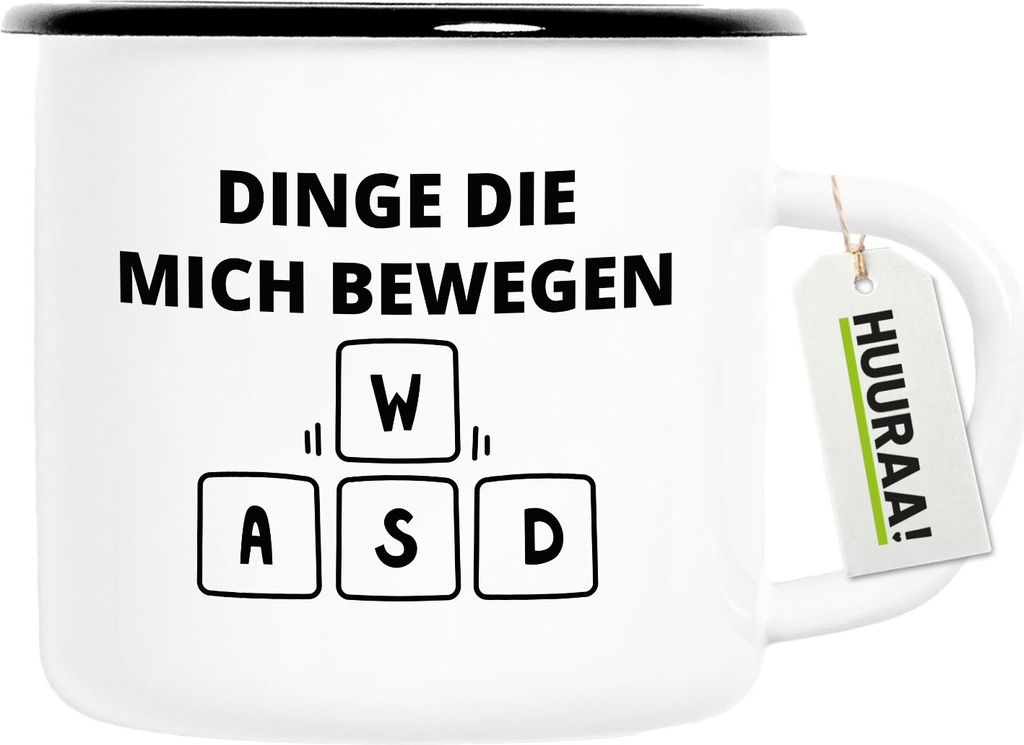Huuraa Emaille Tasse Dinge die mich bewegen Tastatur W A S D 300ml Vintage Campingbecher Geschenkidee