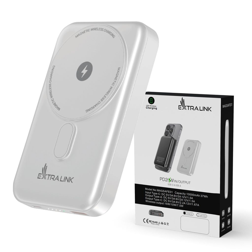 Extralink MagSafe Powerbank 10000mAh, Weiß, PD 20W, USB-C