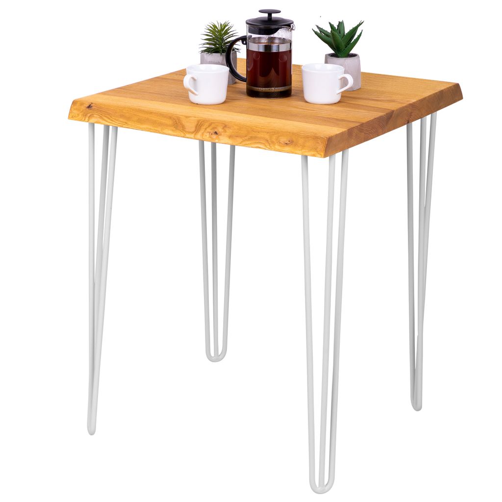 LAMO Manufaktur Beistelltisch Baumkante Couchtisch Küchentisch 60x60x76 cm (LxBxH), Creative, Esche Rustikal / Weiß, LBB-01-A-003-9016Cr