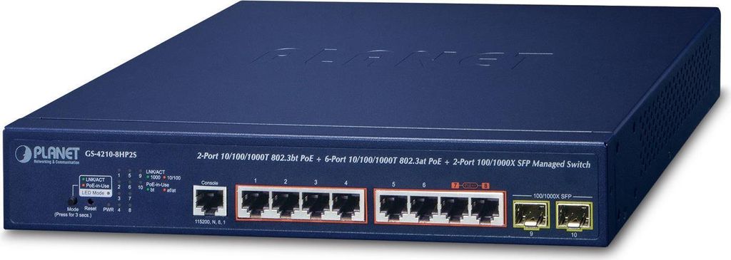 Planet 2Port Ge 802.3Bt + 6Port Ge 802.3At + 2Port 1000X Sfp