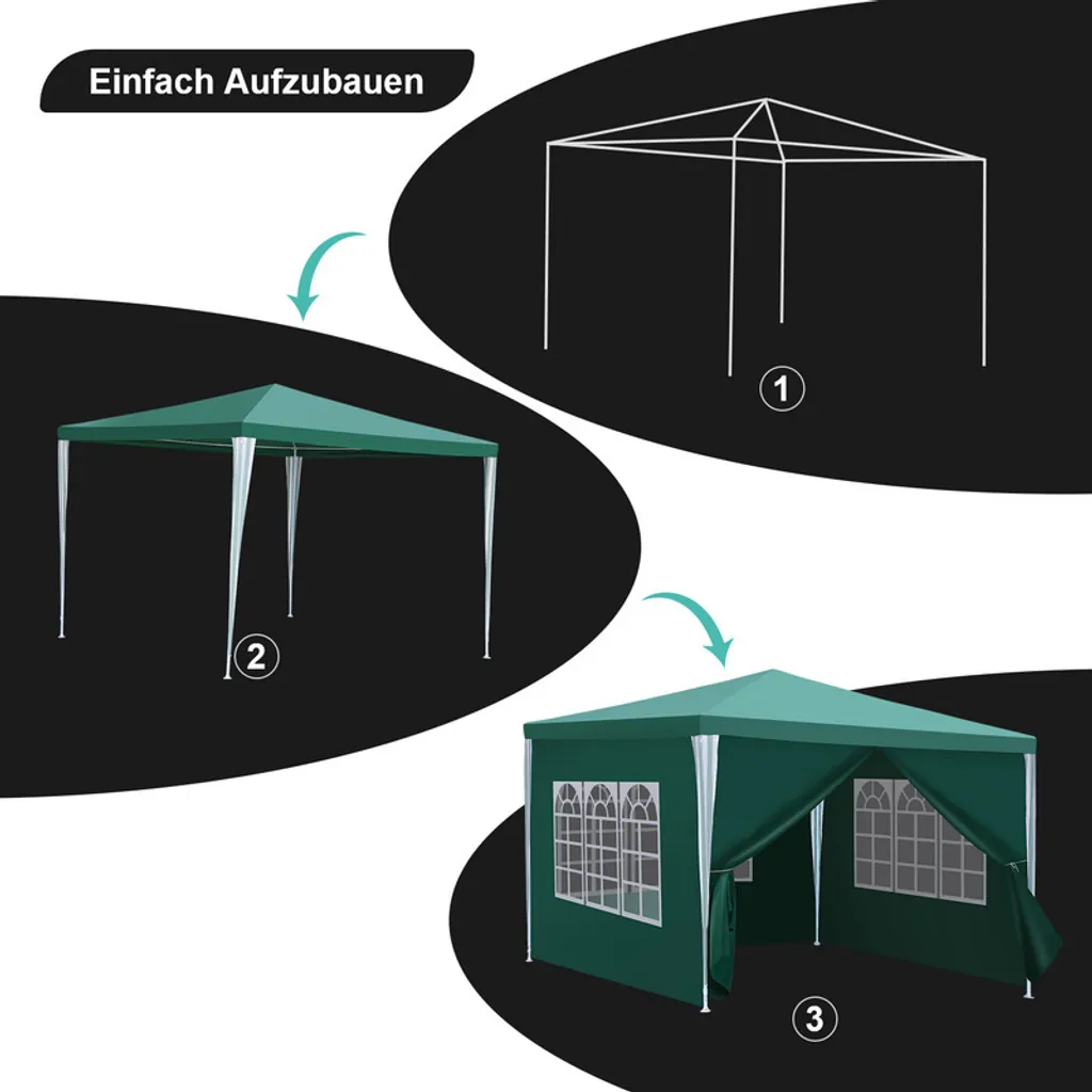 Gazebo da Esterno Hengda 3x3m Verde con Pannelli Laterali Rimovibili - 3